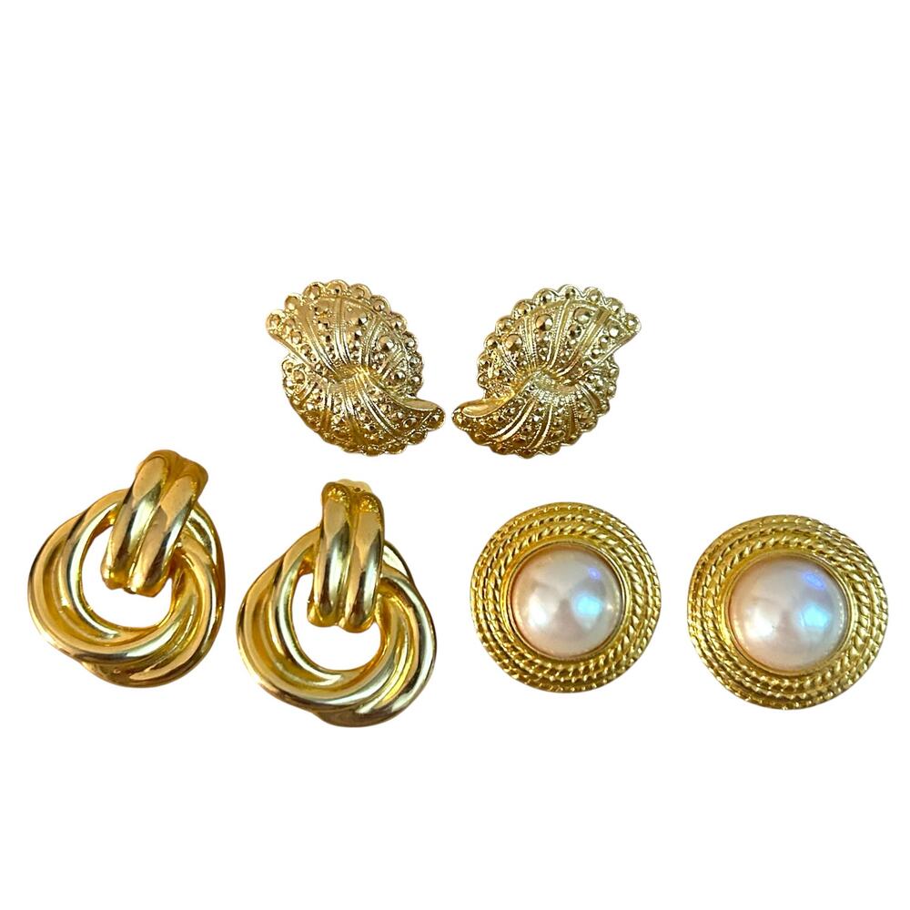 Vintage Gold Tone Chunky Clip On Vintage Earrings Three Pairs